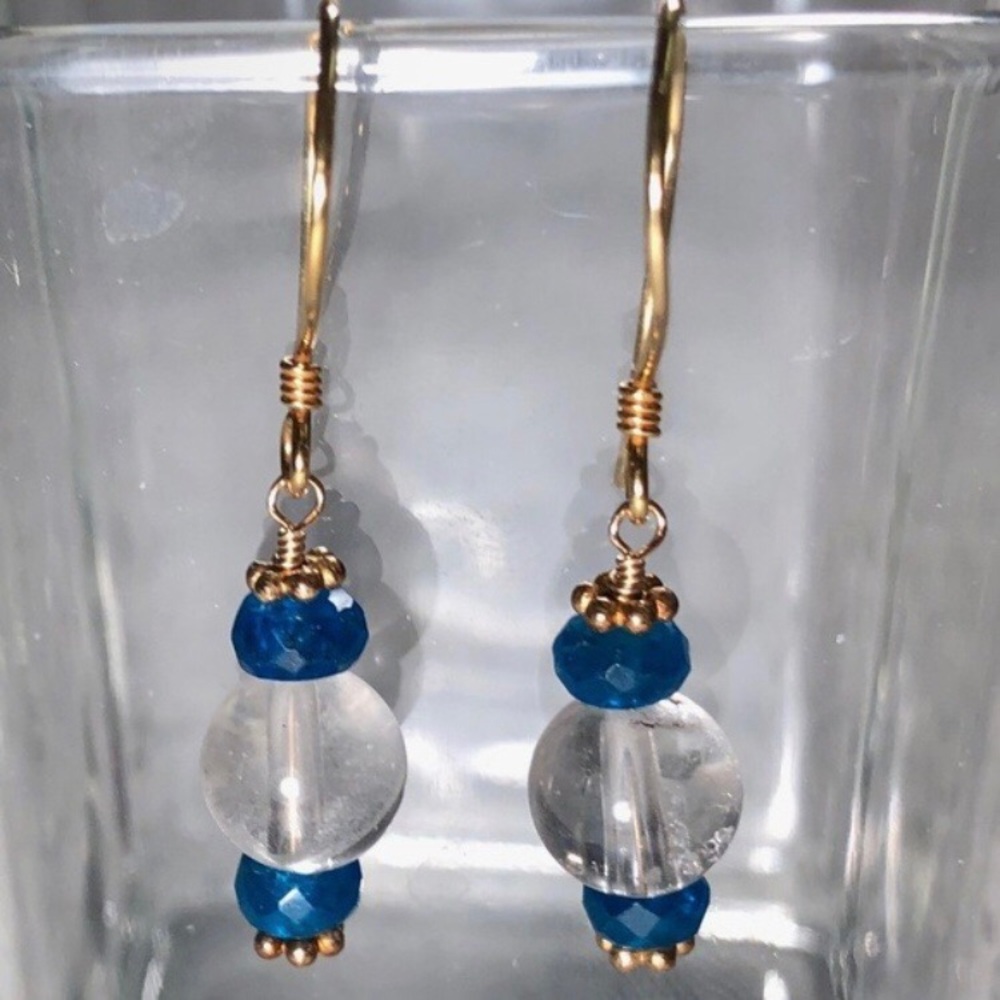 New Genuine Natural Neon Blue Apatite and Rock Crystal Earrings